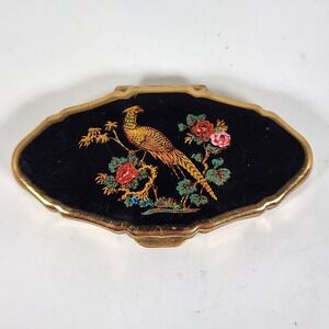 Vintage Stratton Pill Box Gold Tone Pheasant Bird Floral Enamel Made in England
